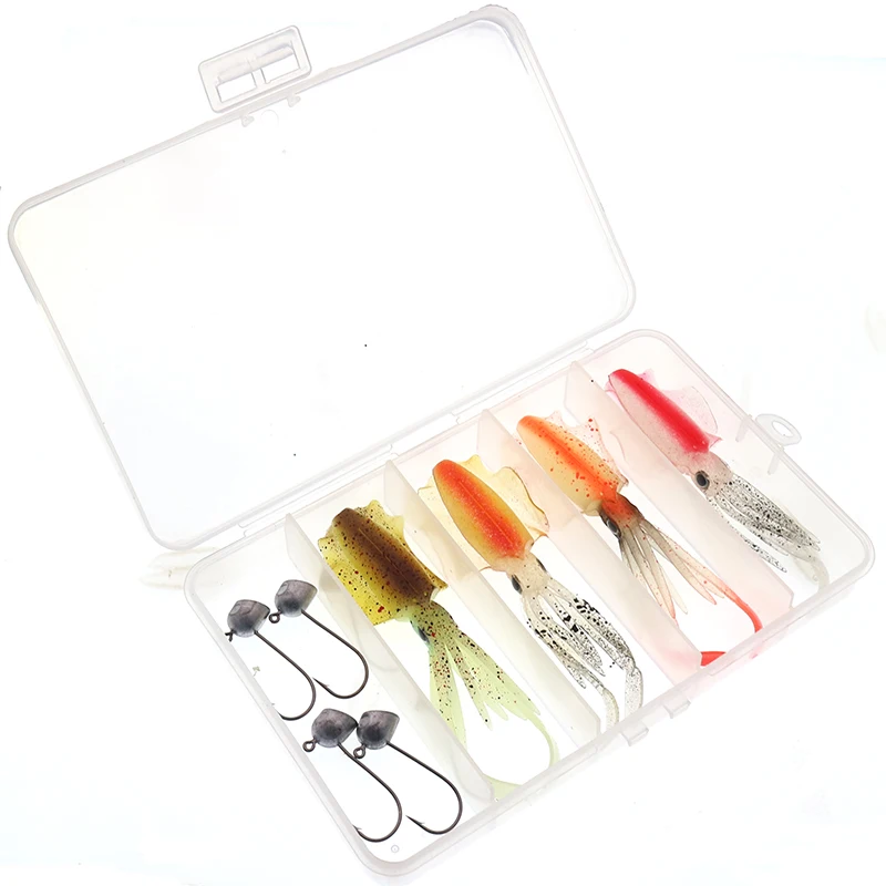 BOX-7g10cm  High Quality Squid Fishing Lures Kit(4PCS  Squid+4PCS hook)