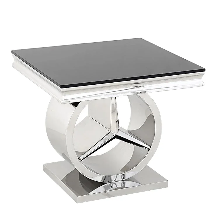 Unique Hotel Living Room Furniture Side Table Black Glass Top Metal Small End Table