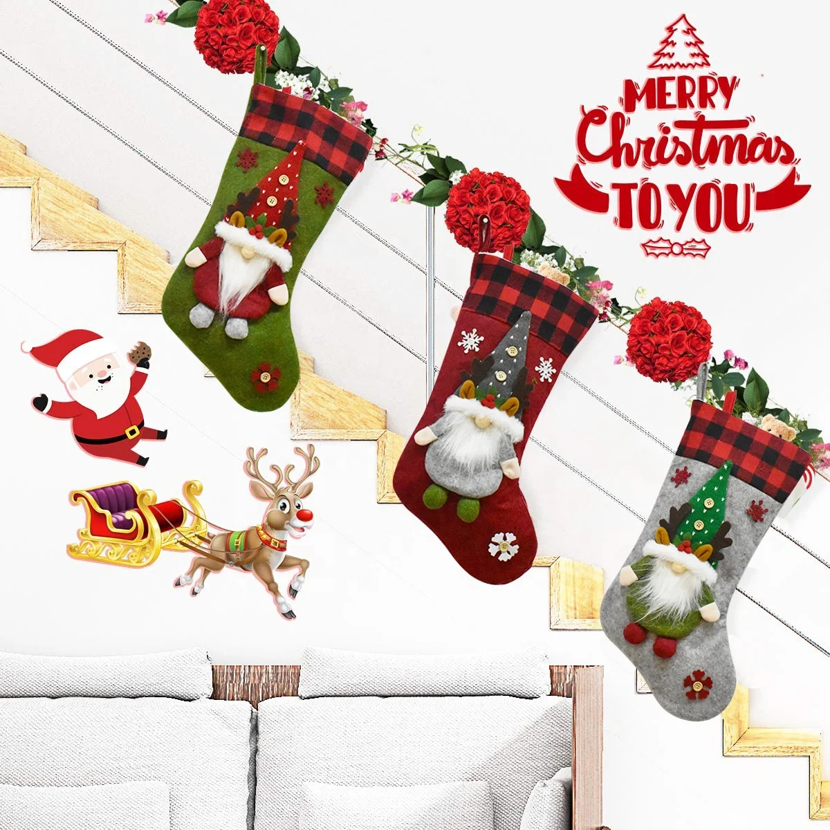 Langchi Promotional Xmas Stocking socks with gnome Doll for Gift plush christmas stocking