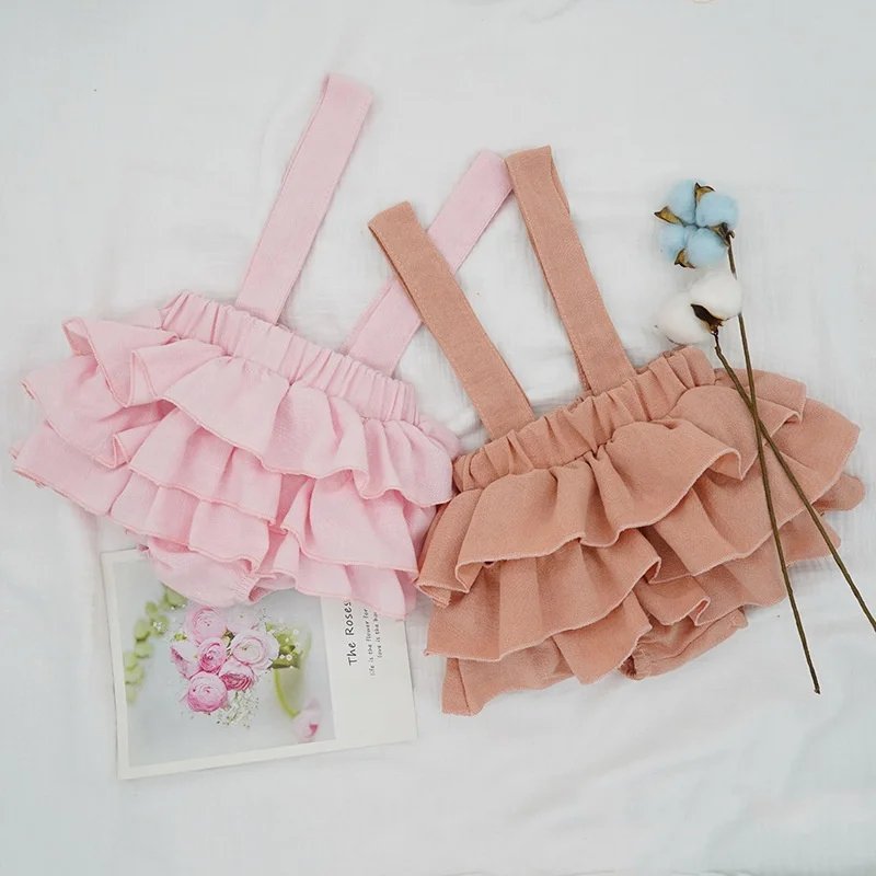 
New Baby Girls Linen Bloomers Shorts Fashion Toddlers Kids Pink Tutu Skirts Faldas Ruffle Straps Pants For Newborn Spodnica 