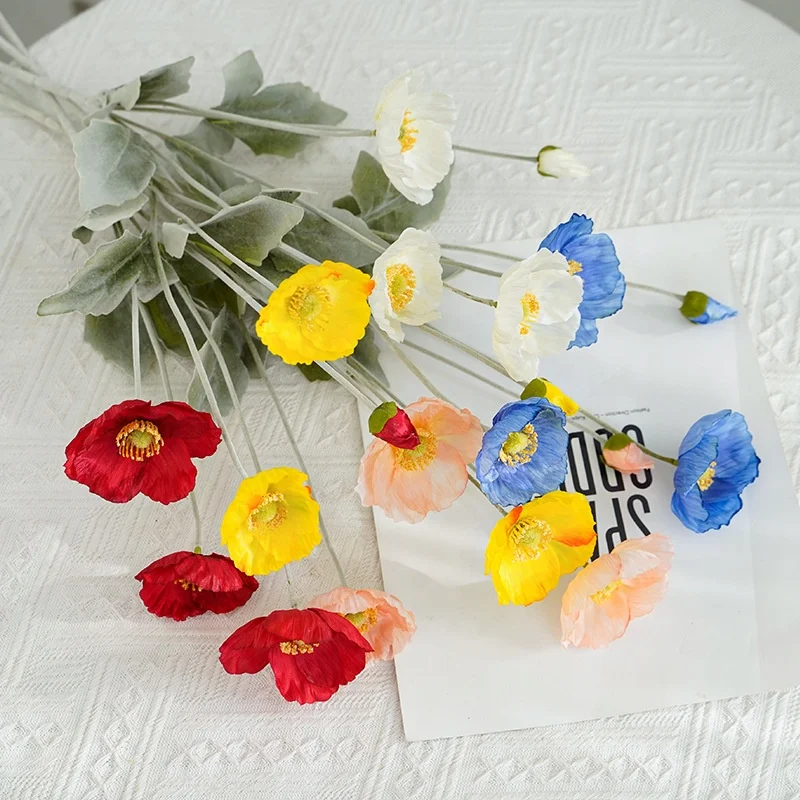 Cheap Price 60cm Silk 4 Heads Fake Poppy Flowers Real Look Artificial Poppy Flower for Home Decor