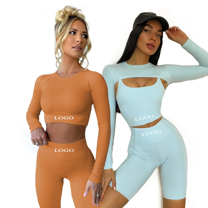 2pcs Seamless Ribbed Yoga Set Gym Wear Set Yoga Workout Sets Long Sleeve Crop Top Leggings Women Sport Clothes