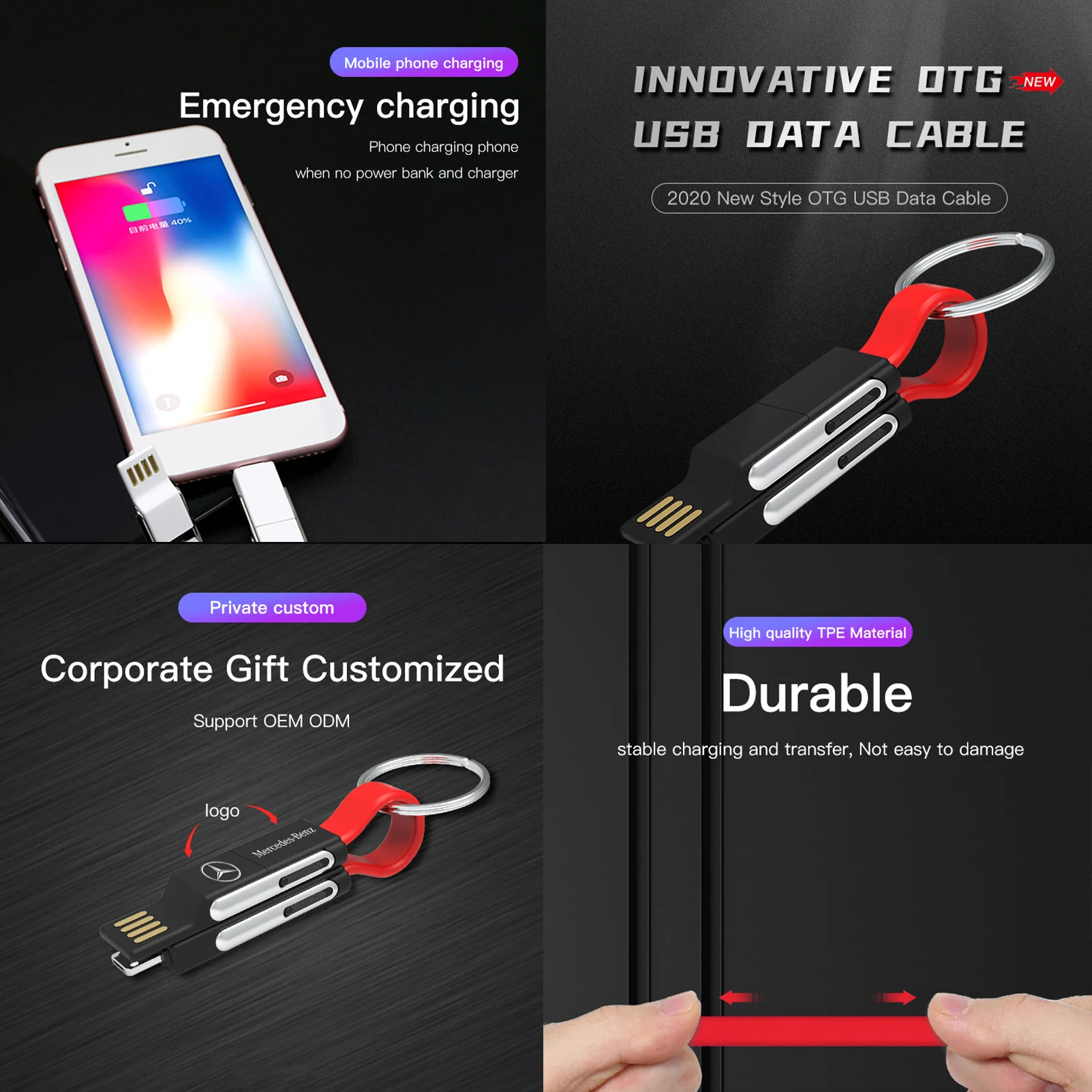 Key Ring Usb Cable 4 in 1 Magnetic Micro USB Key Chain Adapter Data Charging Cable