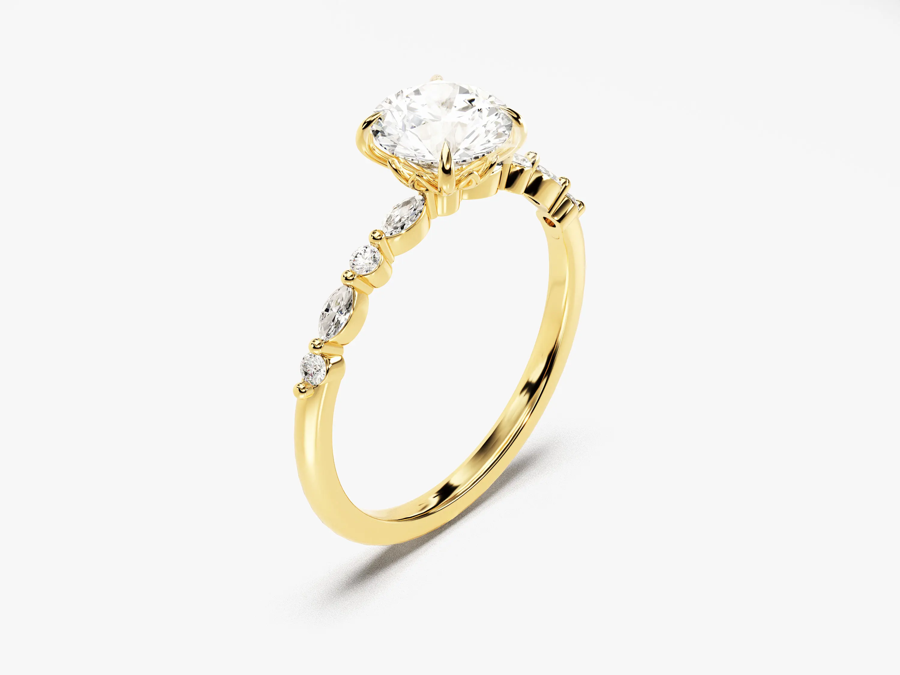 Round and Marquise Sidestones Engagement Ring 14k 18k Solid Gold Lab Diamond Ring Promise Ring
