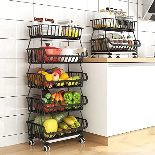 5 Tier Black Metal Wire Storage Baskets Stackable Fruit Vegetable Storage Stand Cart for Kitchen