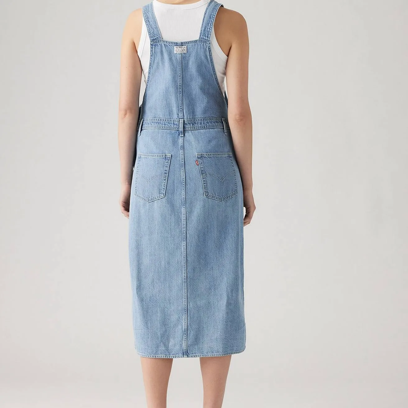 100% Cotton Classic Medium Grey Blue Two Tone Calf Length Denim Jumper Dress Denim Maxi Overall Dress