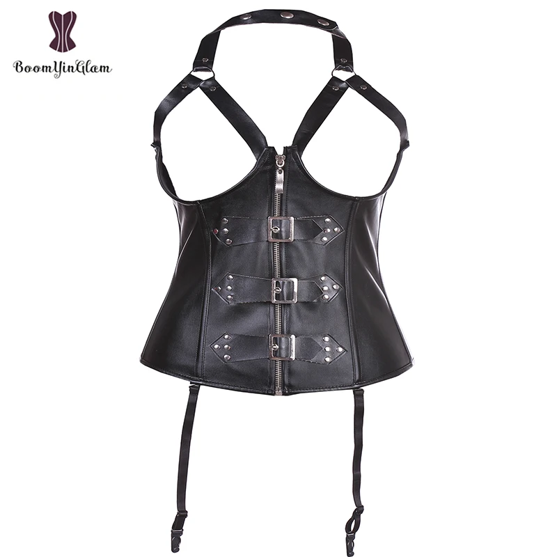 Size S to XXL Front Zip Buckle up  Women Erotic Lingerie Sexy Open Bust Faux Leather Punishment Corset With Garters