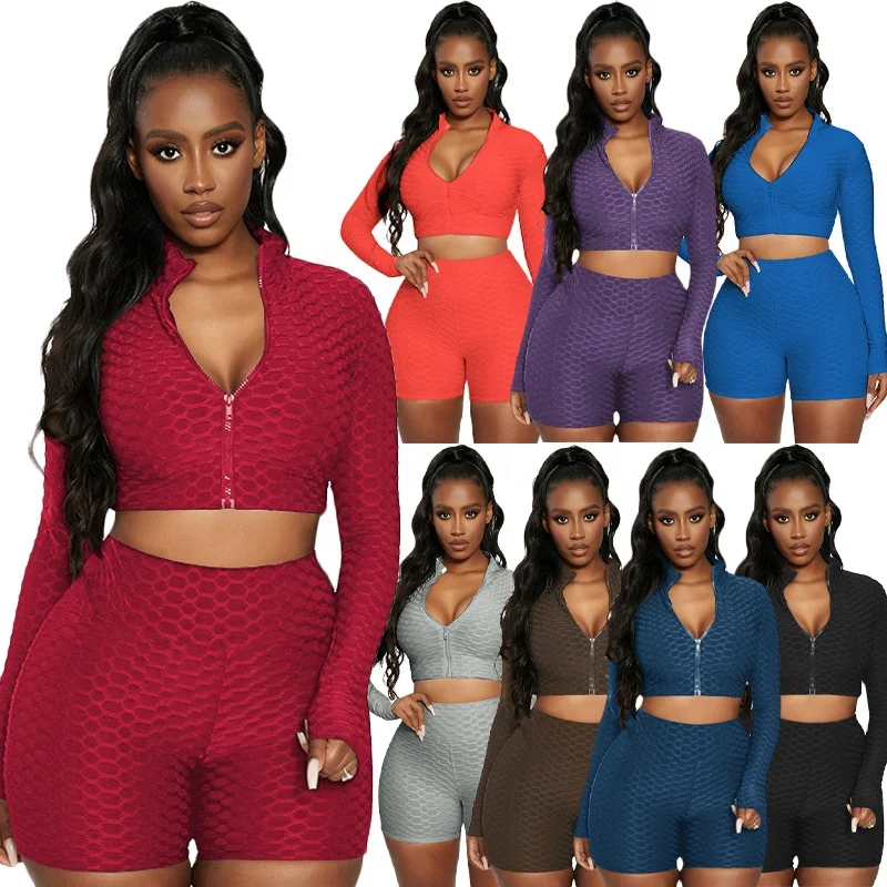 
2021 New Biker Shorts Two Piece Set Ladies Long Sleeve Zipper Crop Top Ruched Jogging Suit 2 Piece Biker Short Set for Women 