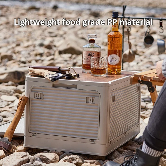 Anjuny Custom Logo Home Car Outdoor Plastic Folding Camping Storage Box with Wood Lid Storage Box