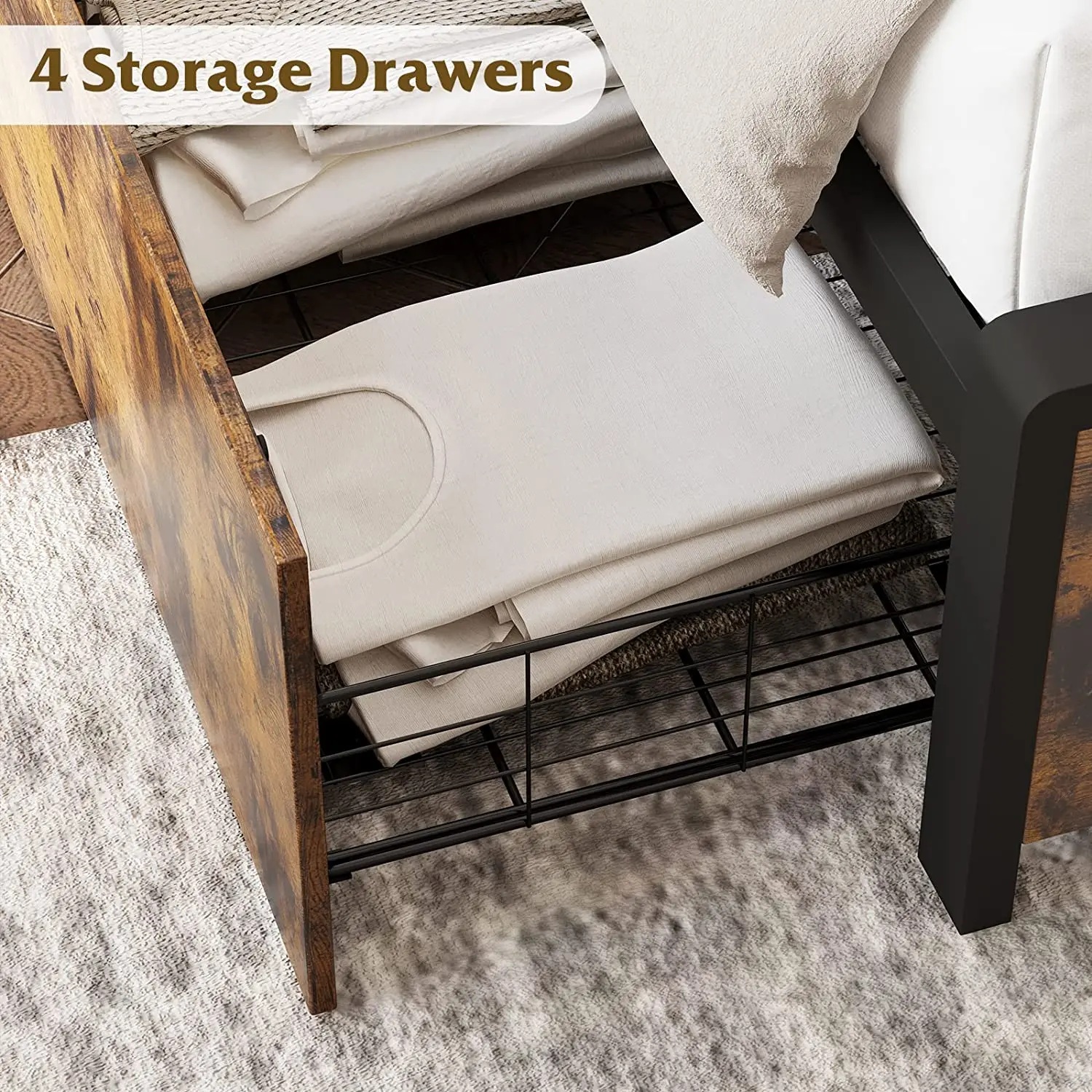 Farmhouse Hotel Double Queen Size Bed Frame with 4 Storage Drawer Wood and Metal Bed Frame