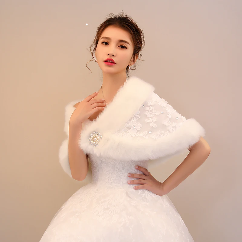 
Wholesale new fluffy plush collar shawl faux rabbit fur bridal lace rhinestone shawl 