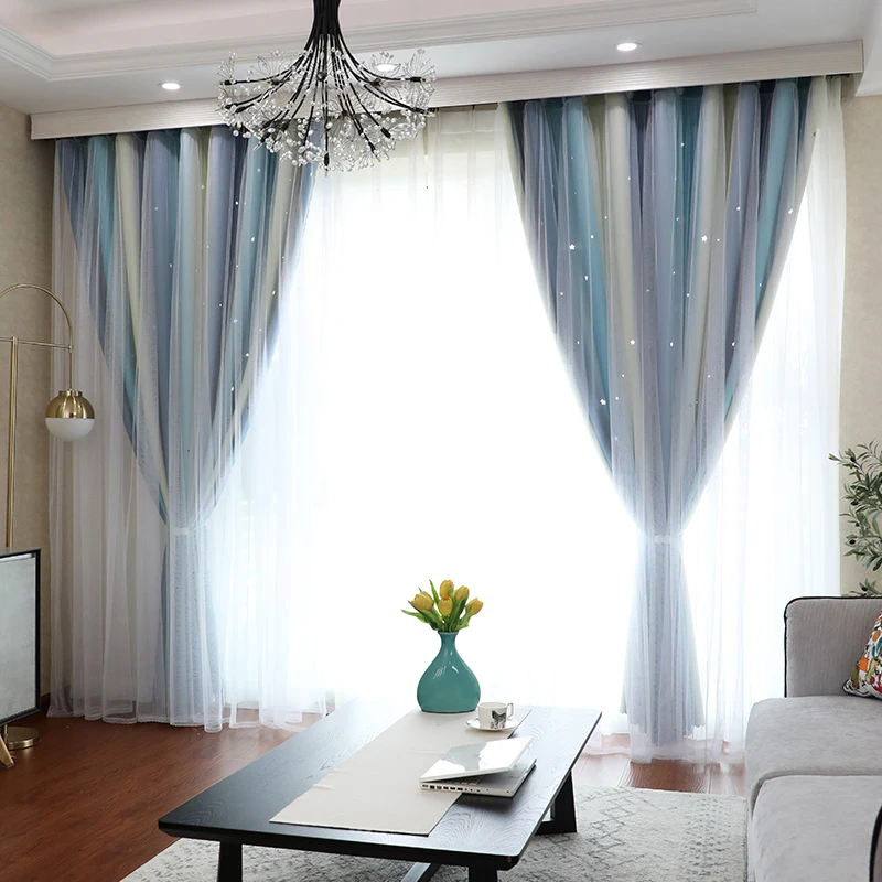 Hot Sale Korean Style Girl Room Double Layer Blackout Curtain with Sheer Princess Curtains for Bedroom