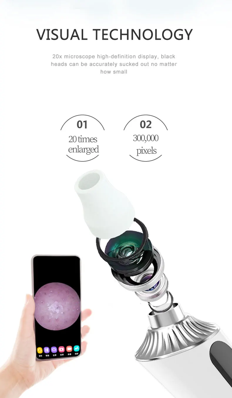 20X Microscope App Visual Rechargeable Suction Facial Pore Cleaner with 4 Replaceable blackhead remover vacuum with camera