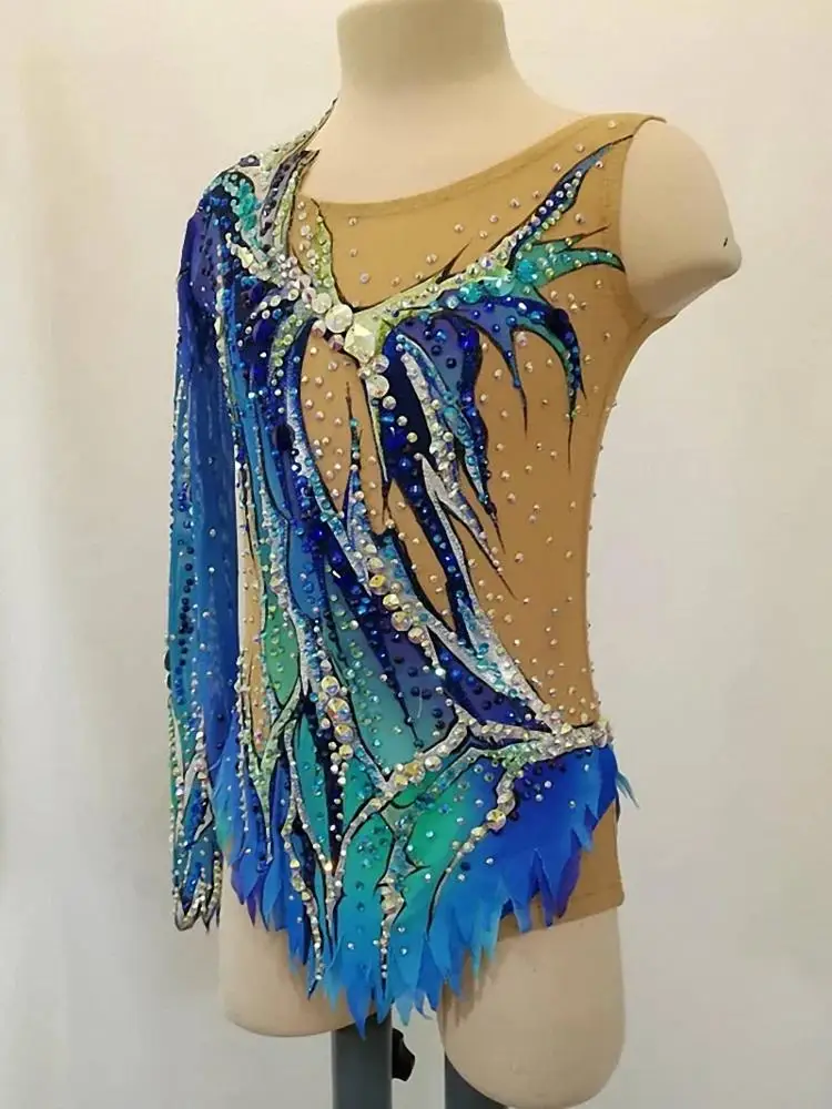 One-sleeve skating dress blue Rhythmic gymnastics leotards costumes girls competition ballroom leotards dance costumes
