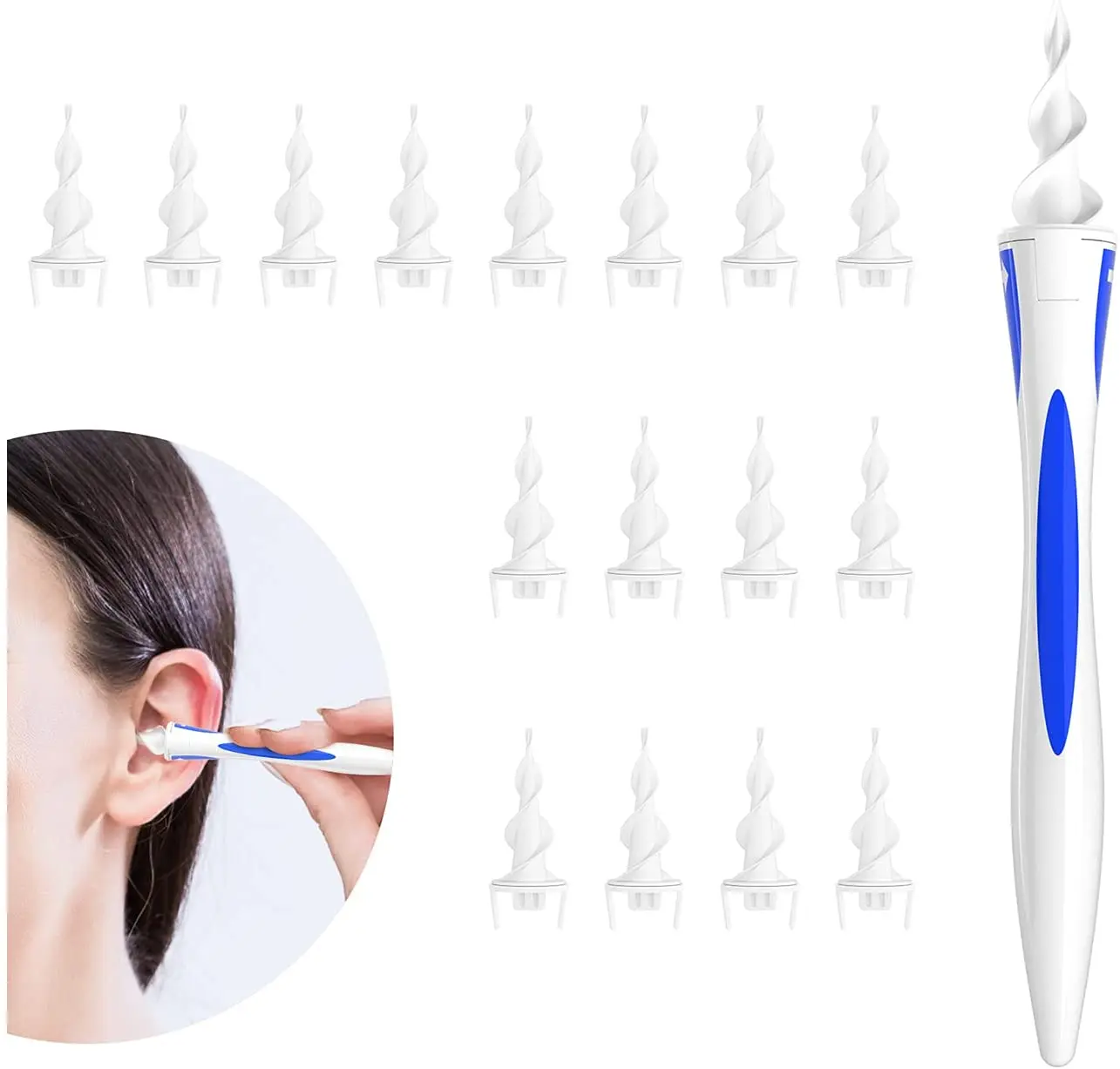 Earwax Removal Tool Ear Wax Remover Spiral Q Grips Earwax Remover with 16 Replacement Heads Reusable Ear Cleaner