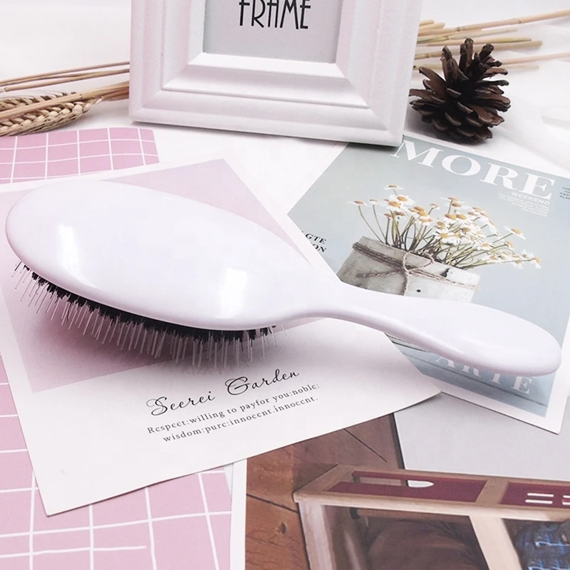 Customized Black Handle Plastic Oval Paddle Massage Scalp Comb Boar Nylon Bristle Detangling Hairbrush Hair Extension Wig Brush