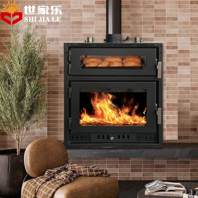 Indoor real fire wood burning stove fireplace heater with oven can BBQ bake pizza  bread beef