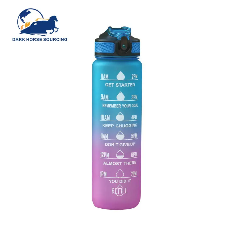 1 Liter BPA Free gradient color Plastic motivational bottle water gym water bottles for sports with straw