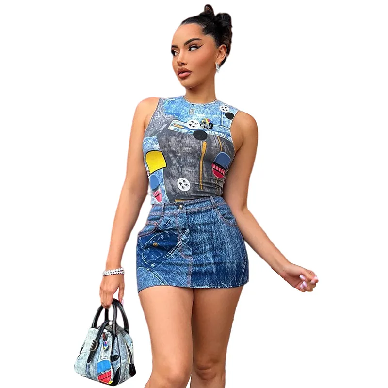 2022 Street Fashion Denim Printing Tank Top Two Piece Skirt Set Summer Outfit Casual Matching Women Sets