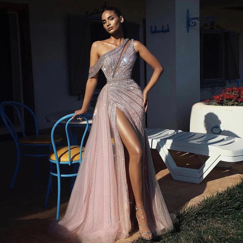 LSCZ114-2 New Product Sequined Evening Gowns High Slit Shiny Women Party Prom Dresses