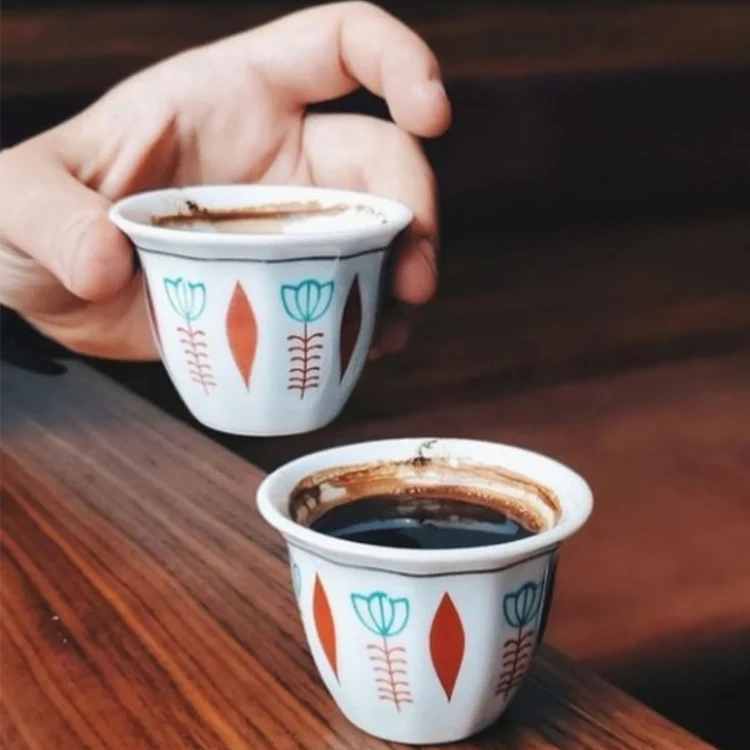 Wholesales12pcs Ceramic Cawa Cup Set Coffee Tea Set Custom Flower White 65/90/120cc Porcelain Cawa Cup Without Handle