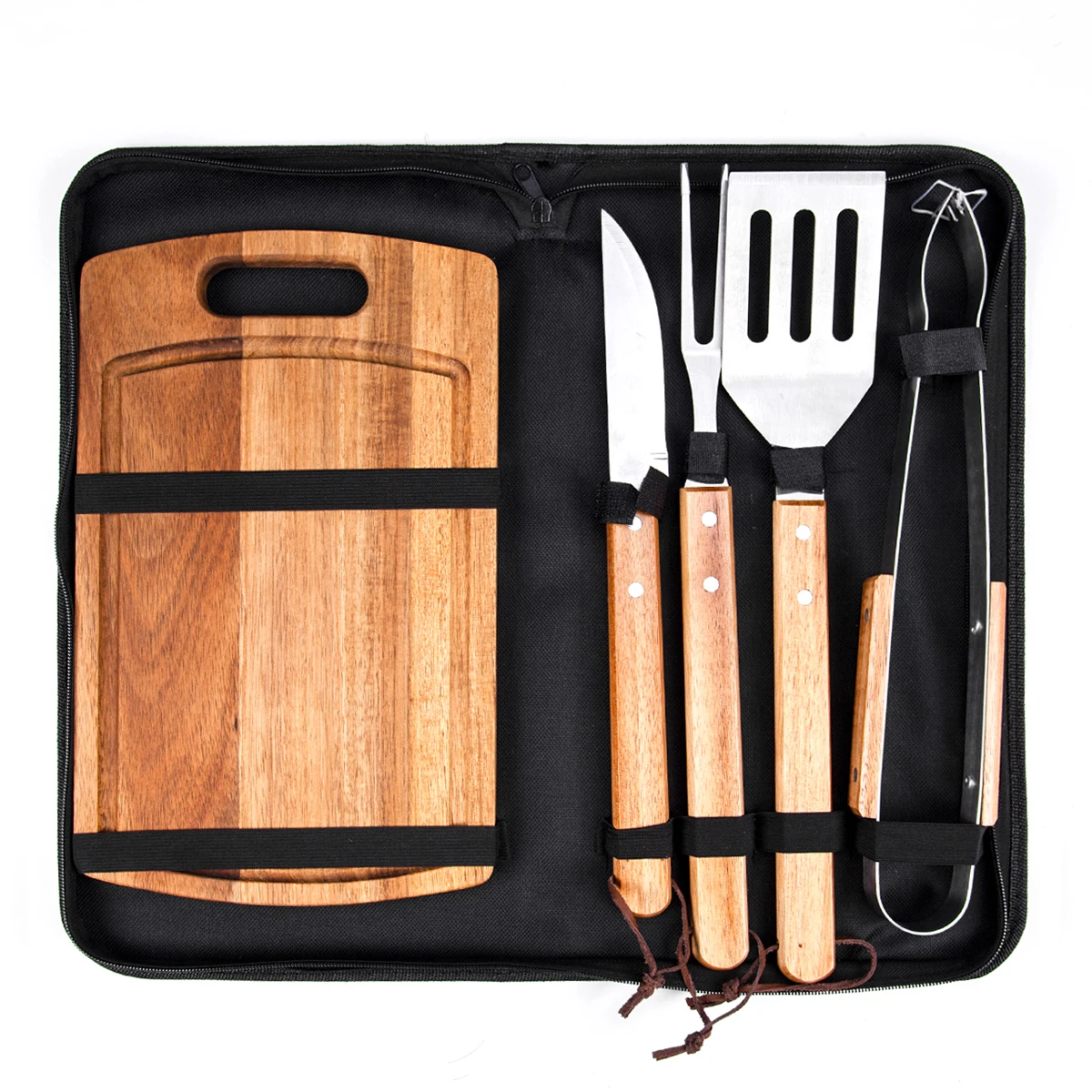 Luxury Wood Handle BBQ Barbque Grill Accessories Tools with Acacia Charcuterie Board Set Camping Kit