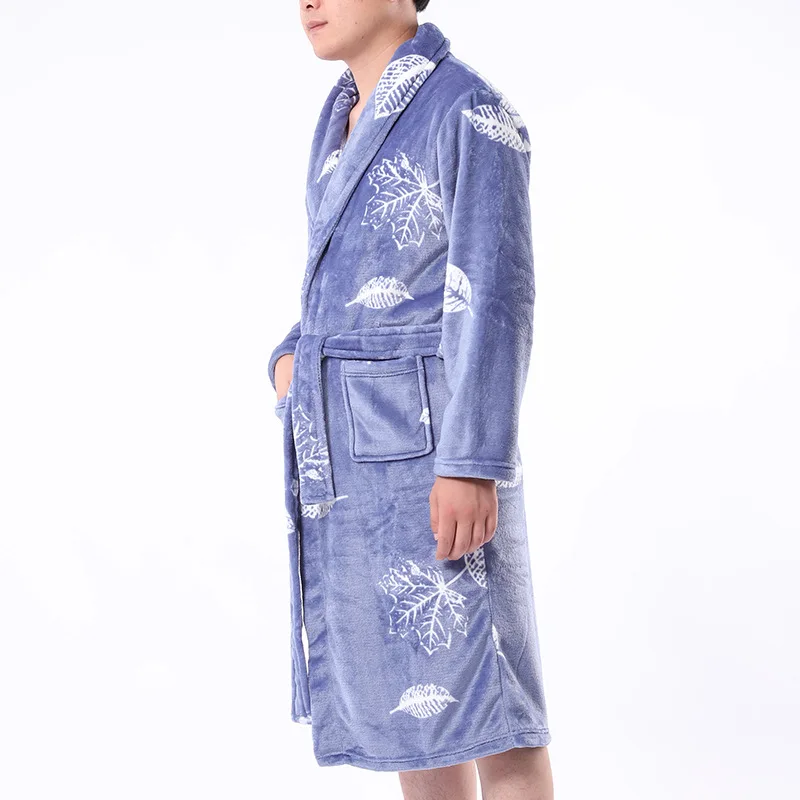 
high quality fashion white leaves printed drawstring flannel one piece sleepwear men luxury pajamas from china 