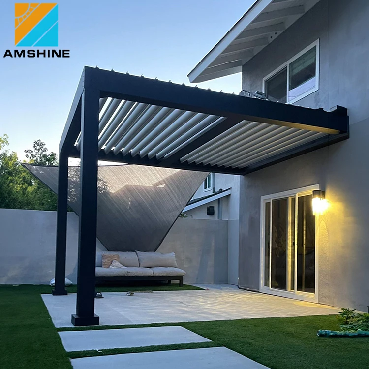 Modern Bioclimatic Outdoor Aluminum Pergola Gazebo & Pavilion Waterproof Motorized Adjustable Louvered Roof With LED RGB Lights