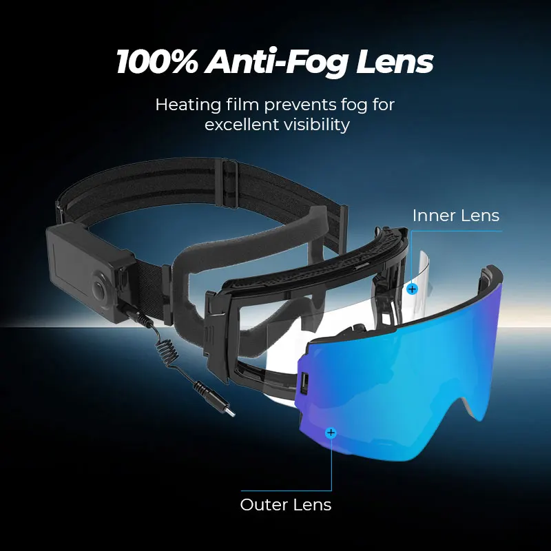 Stable heating anti fog ski goggles Magnetic Interchangeable Frameless 100% UV Lens OTG Electric Ski Goggle