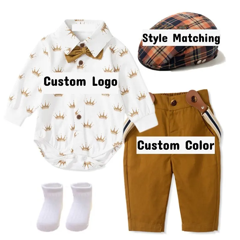 Custom OEM ODM Spring 2023 Baby Clothing Sets Print Shirt Baby Rompers Infant Baby Boy Outfit Clothes Suspenders Suit Hat Bow