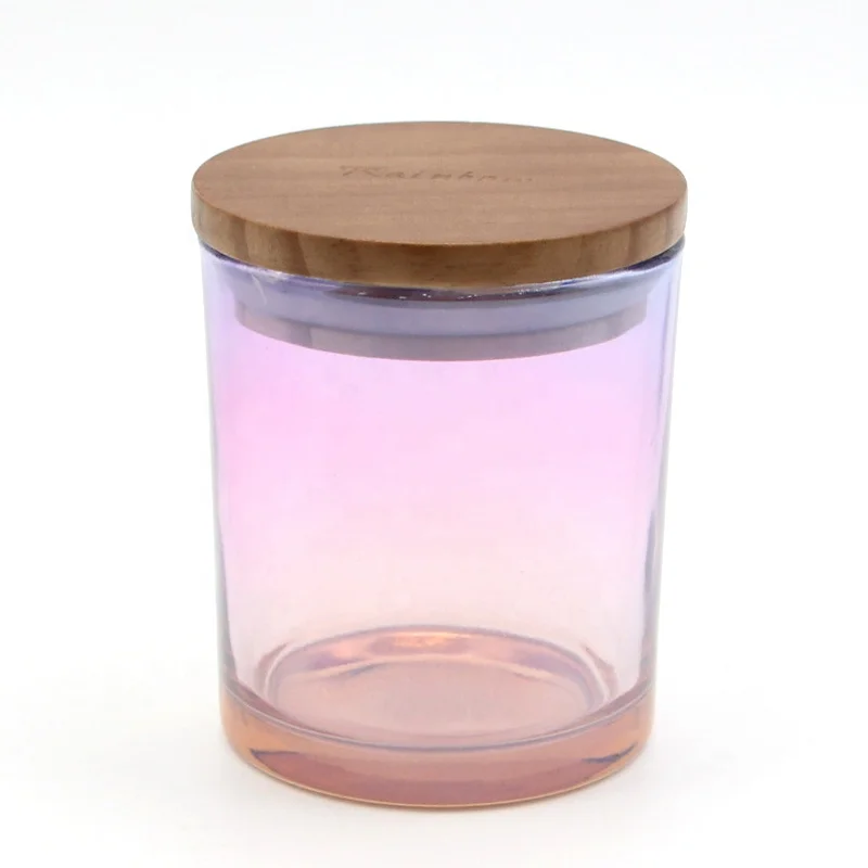 
New Product Iridescent Round Glass Candle Jar with Wood Lid 
