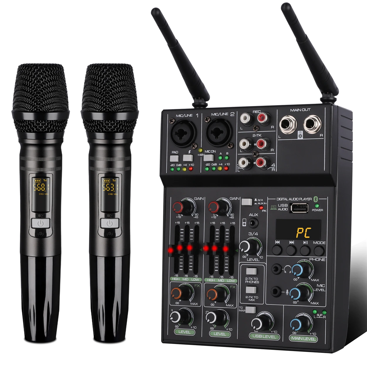 High Quality Power  Audio Mixer With Wireless Microphone Mixer With 2 Microphones for Karaoke