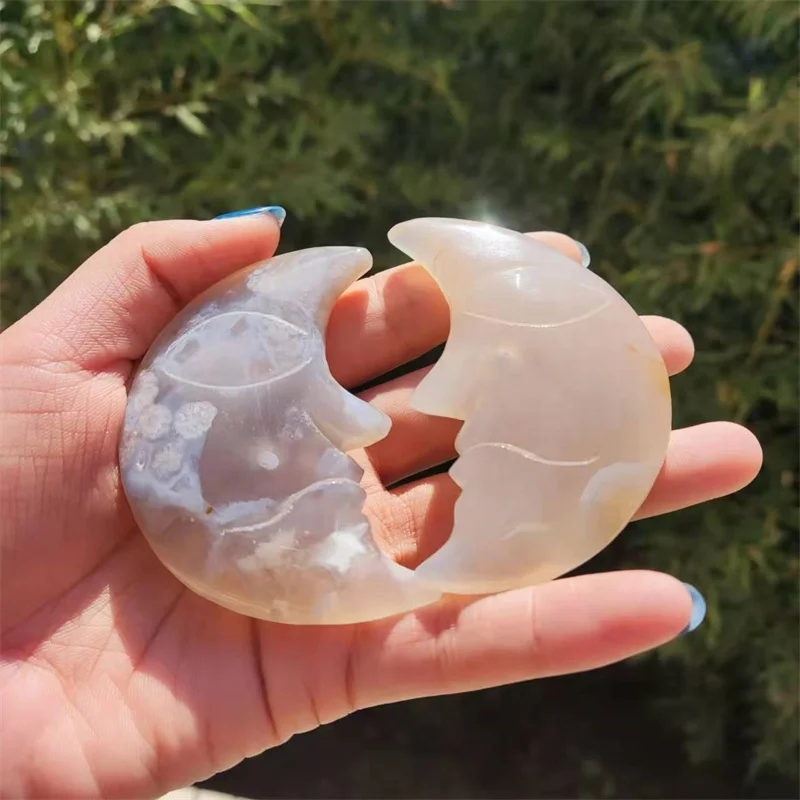 Wholesale Natural Crystal Flower Agate Moon Carving Craft Ornament Cherry Blossom Agate Moon For Decoration