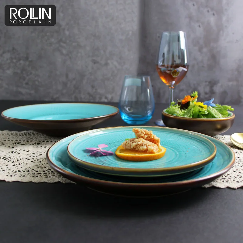 Microwave Oven Safe Porcelain ceramic tableware Under Glaze Turquoise Green Dinnerware Set Plates for Restaurant Crockery