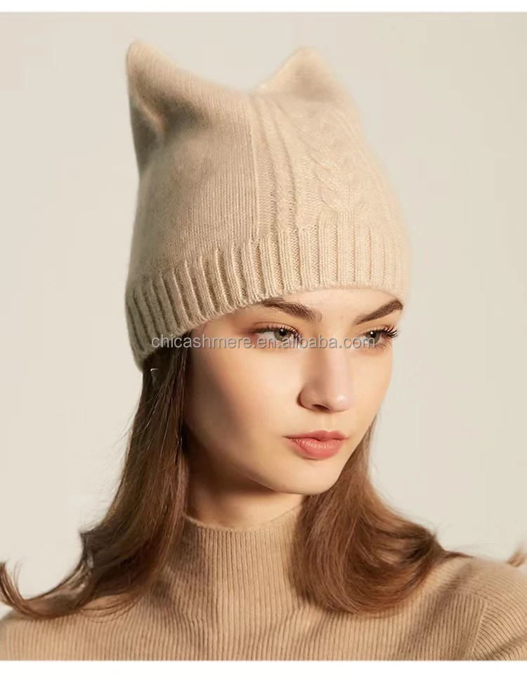 Прямая кашемировая фабрика, Женская Вязаная Шапка-бини с кошачьими ушками 3D для маленьких девочек из чистого кашемира, Шапка-бини из шерсти мериноса в рубчик