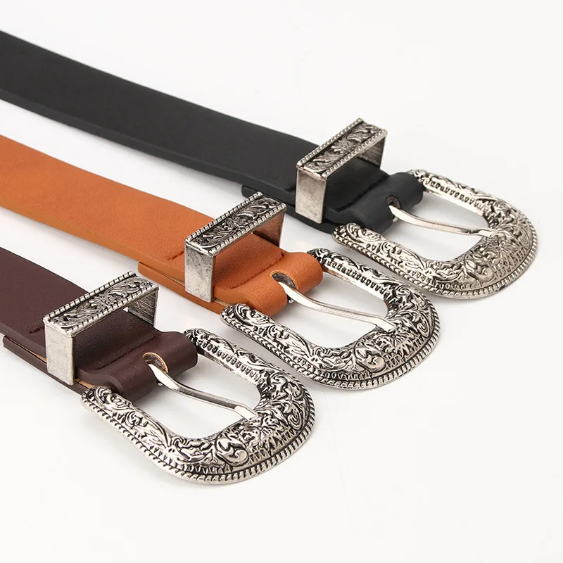 New Carve Pu Pin Buckle Belt Women Fashion Black Silver Buckle Thin Belts Female Jeans Dress Waistband Brand Design 2022