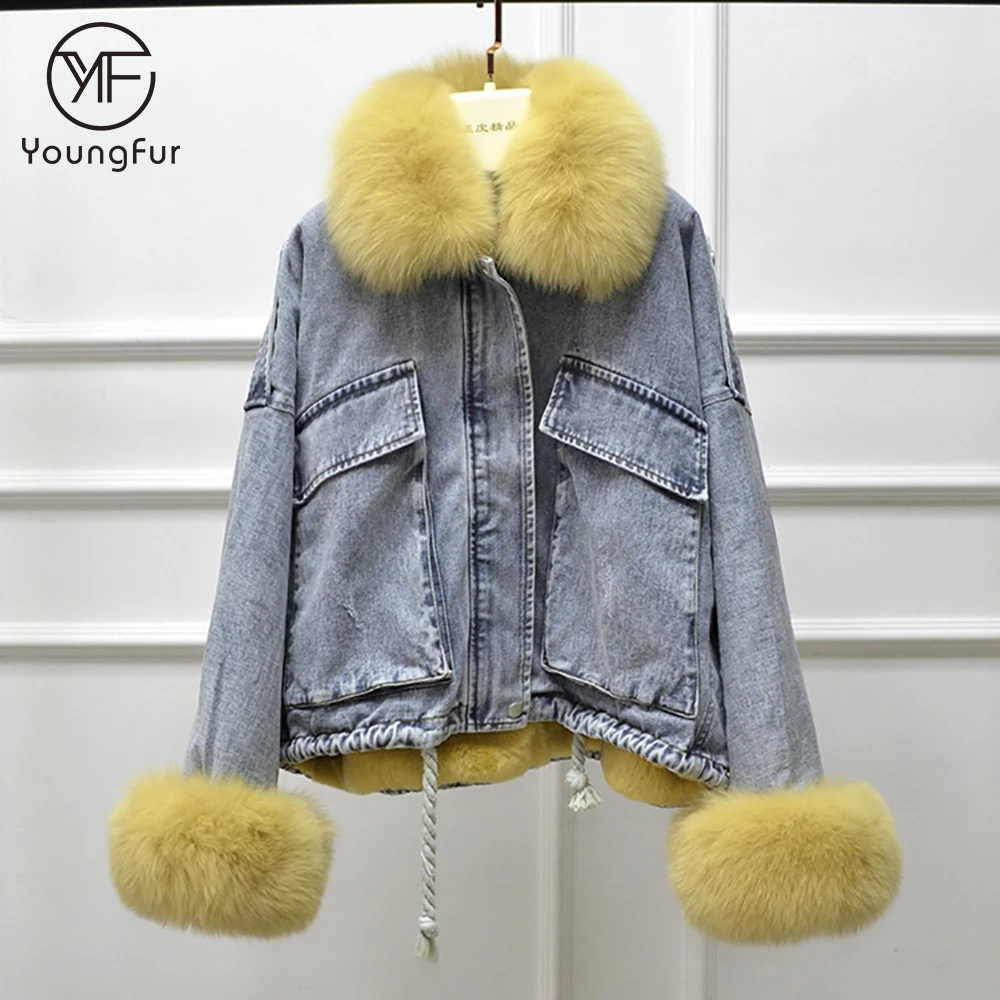 Winter women warm parka real rex rabbit fur lining jean coat with fox fur sleeve cuff black denim jacket