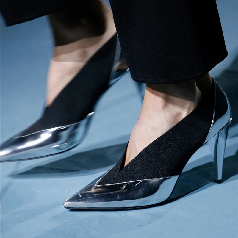 
special design famous brand women pumps high heel shoes for women and ladies silver Pu leather with elastic cord band 