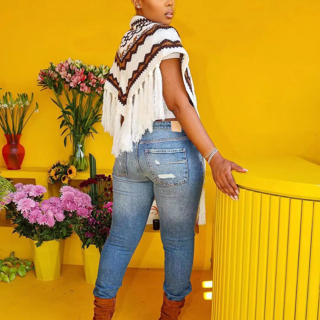 Women Plus Size Tank Top Patchwork  Geometric Print Tassel Women knitting Crochet Tassel Cape Cardigan Cape Outwear