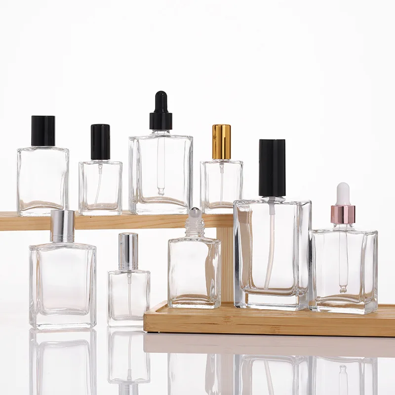 Luxury Flat Square Rectangle Glass Dropper Bottles 15ml 30ml 50ml 100ml with Crystal Clear Collar for Serum Essential Oil