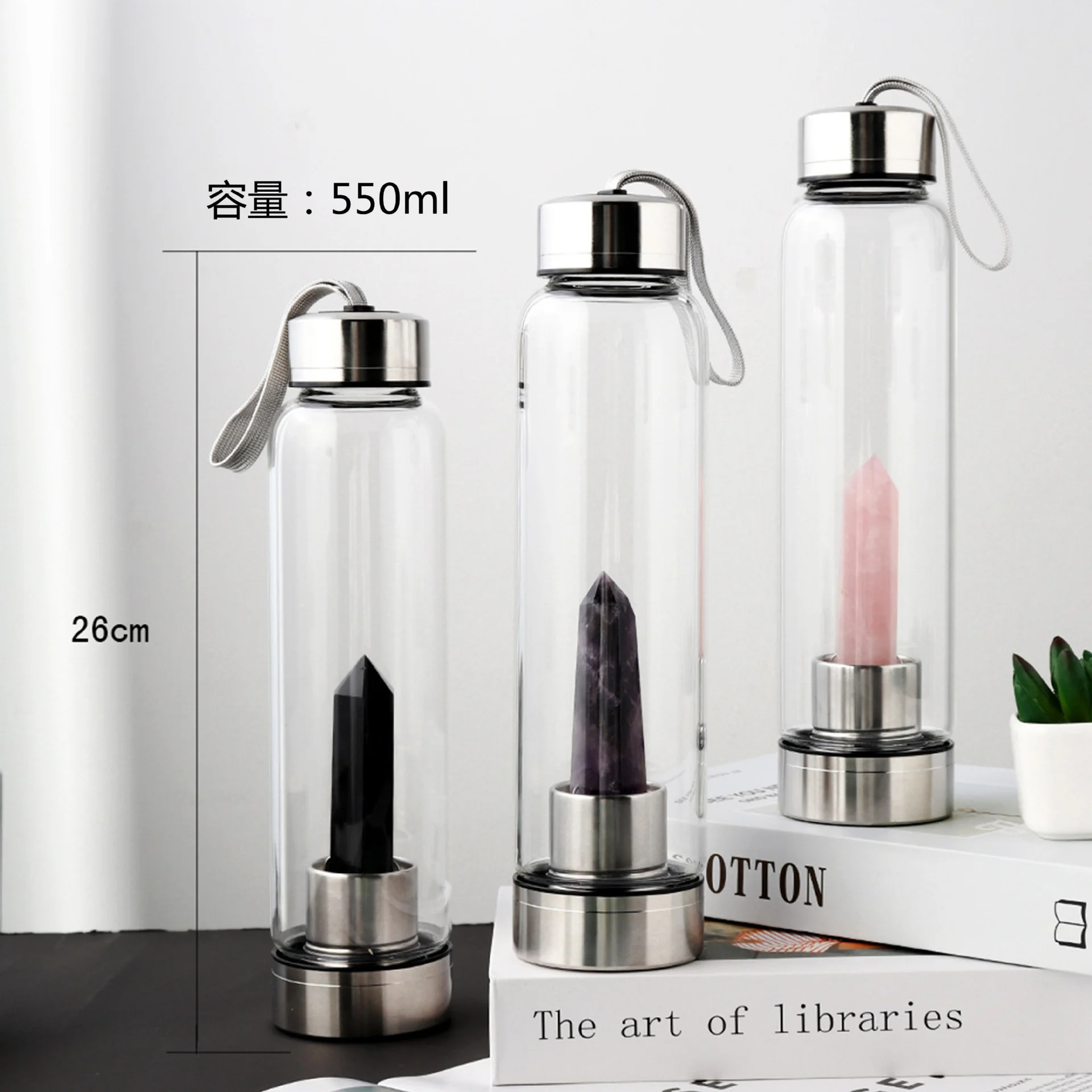 Custom Logo 550ml Stainless Steel Lid Novelty Gift Glass Healing Stone Crystal Water Bottle