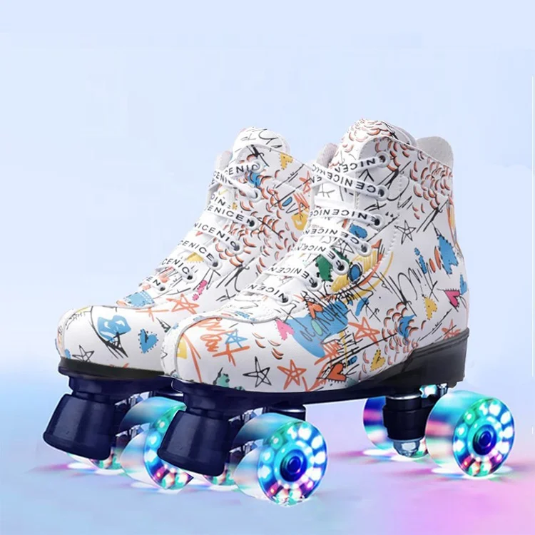 Adult double row roller skates men and women four wheel flashing PU rollerblading skating shoes
