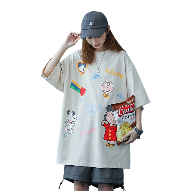 
VANWO 2021 summer new couples short sleeve T shirt male cartoon pattern trend Korean version loose cotton base shirt 