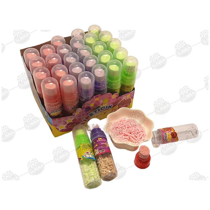 Hot sell halal fruity flavor lipstick candy colorful box packing fruit sugar apple grape strawberry flavor toy candy