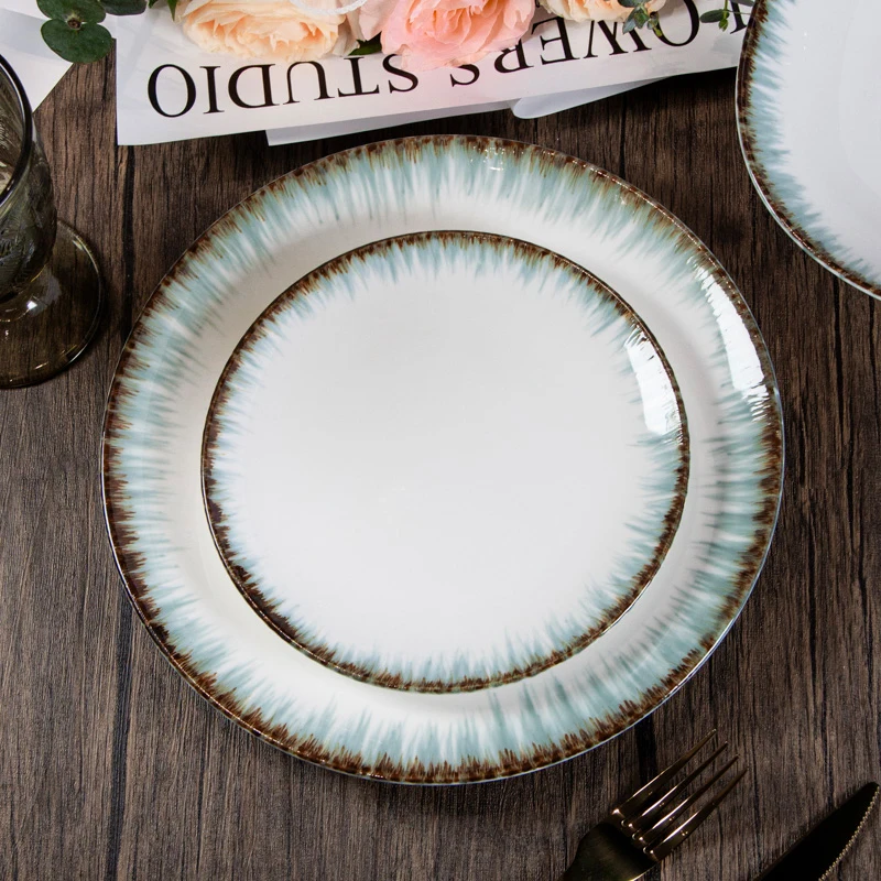 Vintage Dinner Plate and Bowl Set Crockery Dishes Set Reactive Glaze Porcelain Dining Tableware Nordic Dinnerware for Restaurant