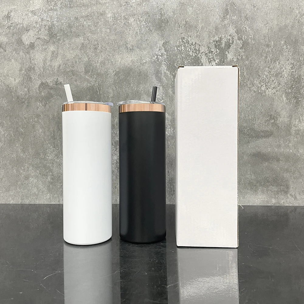 mirror copper plated 20oz powder coated stainless steel straight skinny tumblers with slide lid and straw for laser engraving