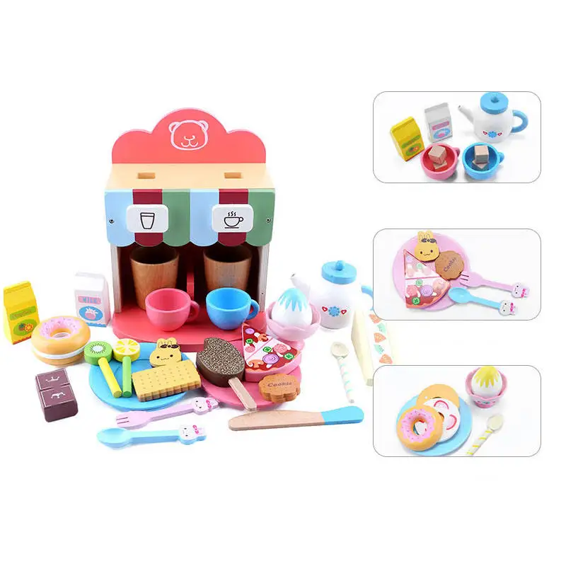 Baby Early Learning Educational Toys Wooden Kitchen Pretend Play Toy with Simulation Coffee Machine Toaster Machine Food Mixer