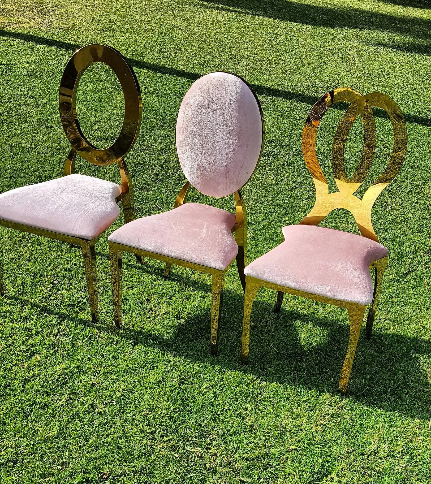 Luxury gold metal chair frames pink velvet wedding banquet dining chair series