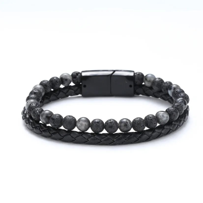 Fashion New Arrival Two Layer Leather Bracelet With Natural Stone Beads Magnetic Clasp Stone Bracelet Men