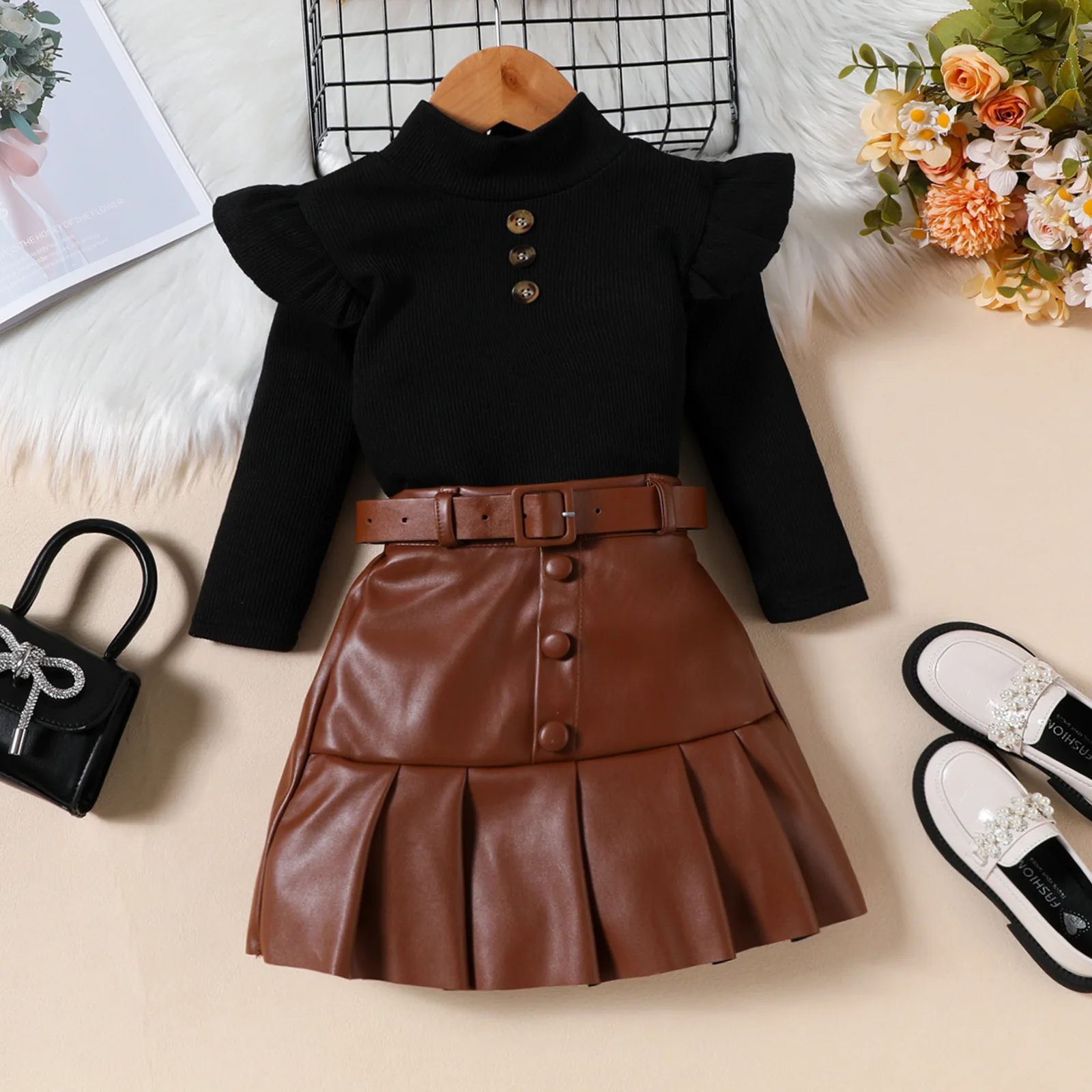 2024 Spring Autumn Girls Clothing Solid Color High Neck Long Sleeve Top PU Leather Pleated Skirt Belt 3Pcs Children Clothes